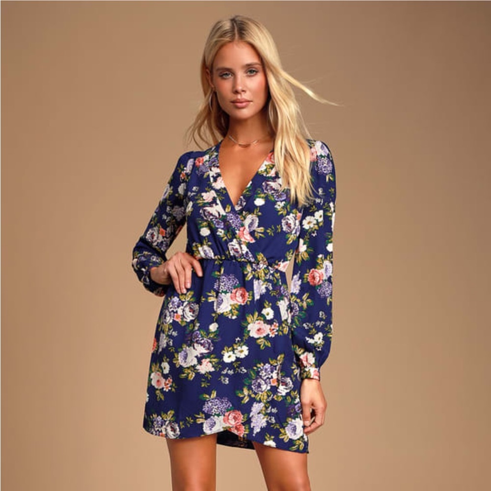 Lulus Navy Floral Wrap Dress